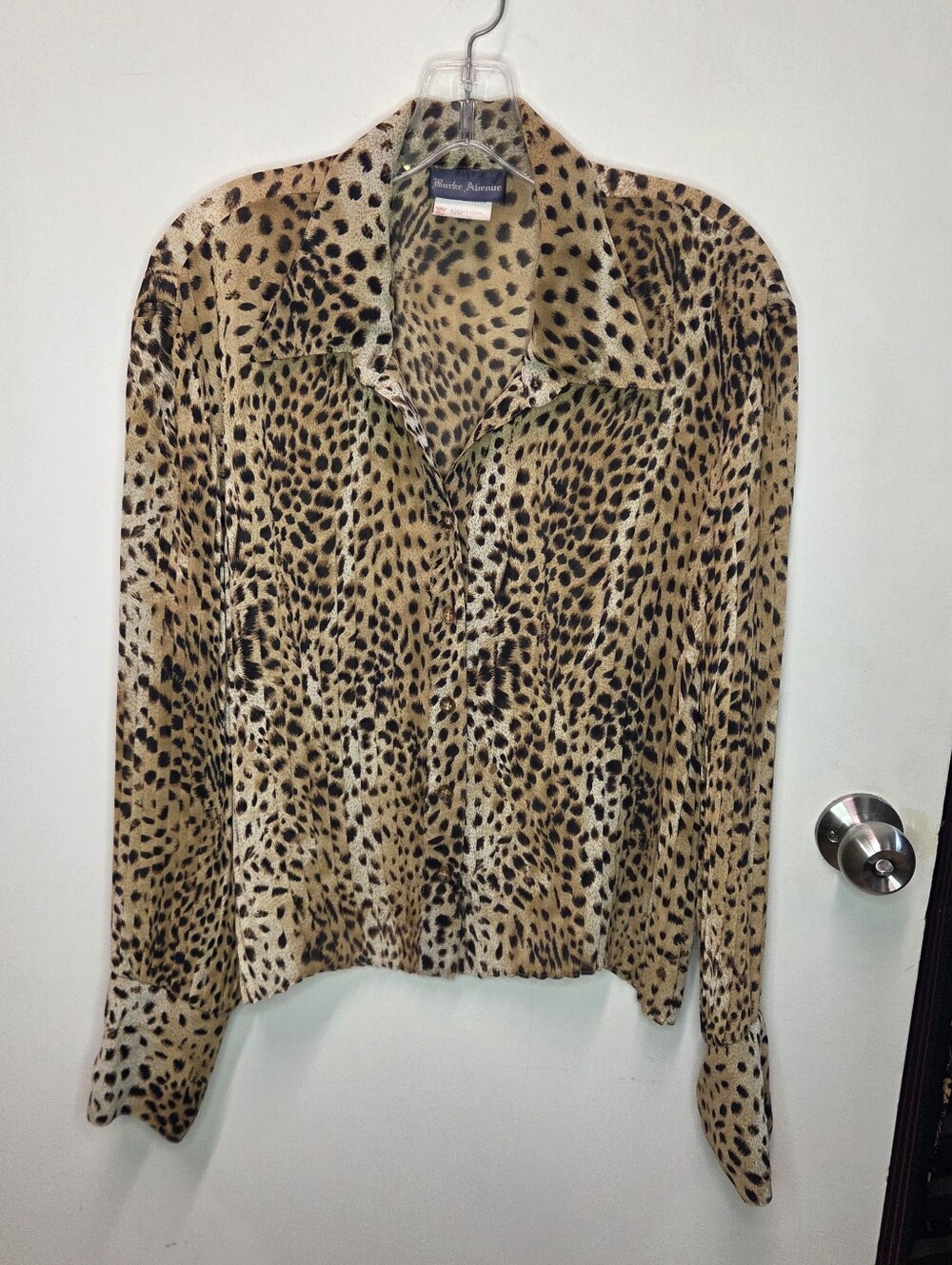 Vintage 90s Burke Avenue Pleated Leopard Print Blouse | Sheer Button Up